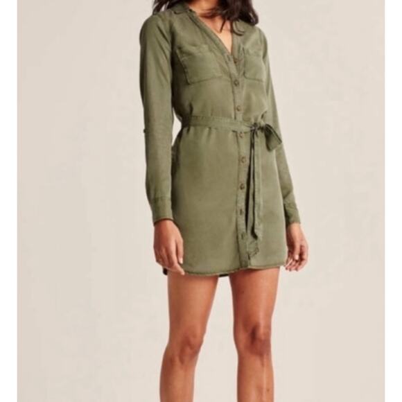 NEW $68 Abercrombie & Fitch‎ Olive Belted Shirtdress Long Sleeve SZ M - Picture 2 of 11